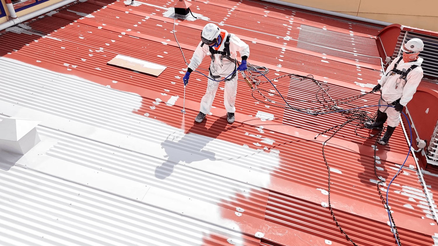 Applicators spraying white Noxyde coating over a rusted red corrugated commercial roof