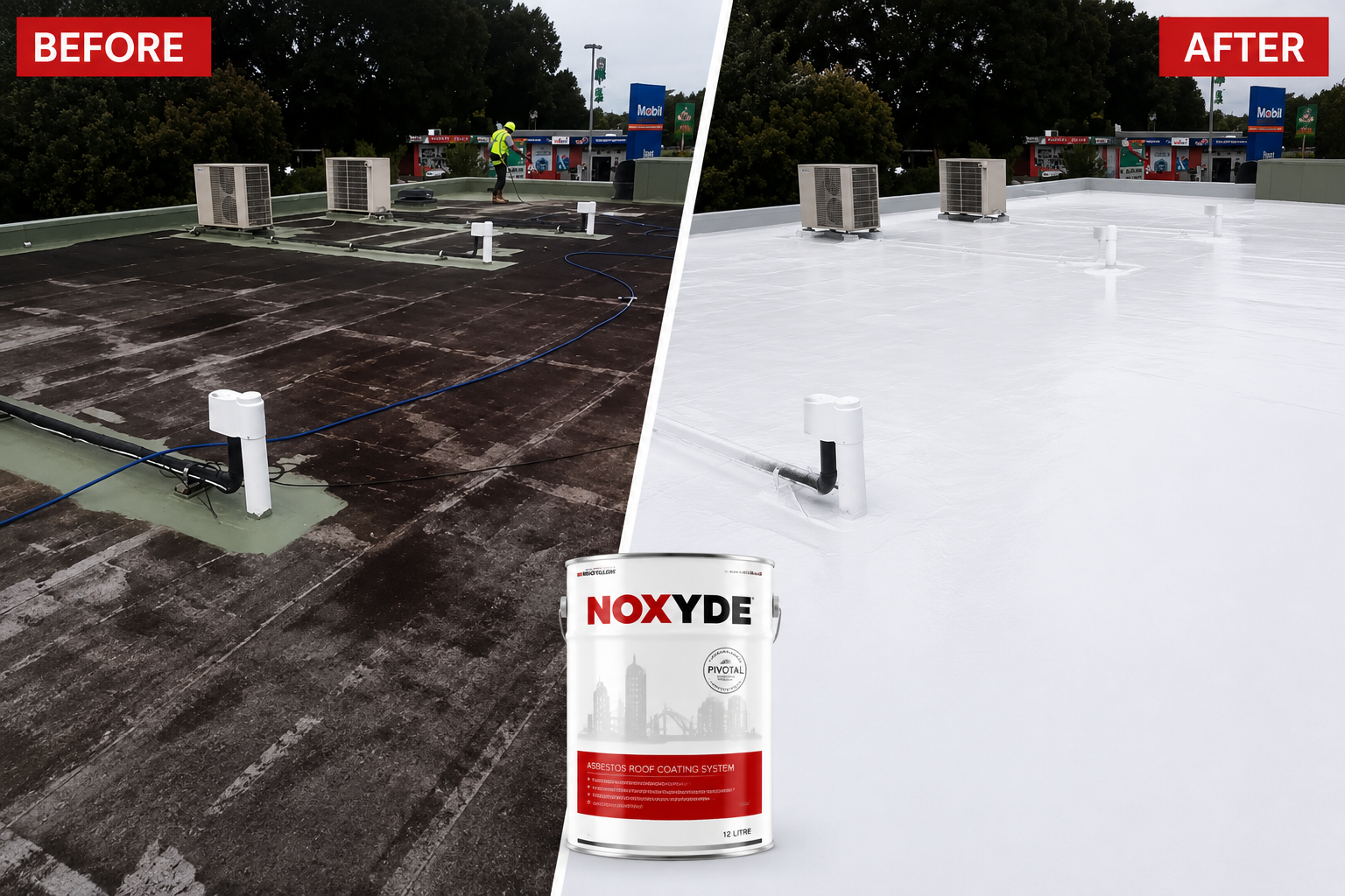 Flat membrane commercial roof coated with Noxyde